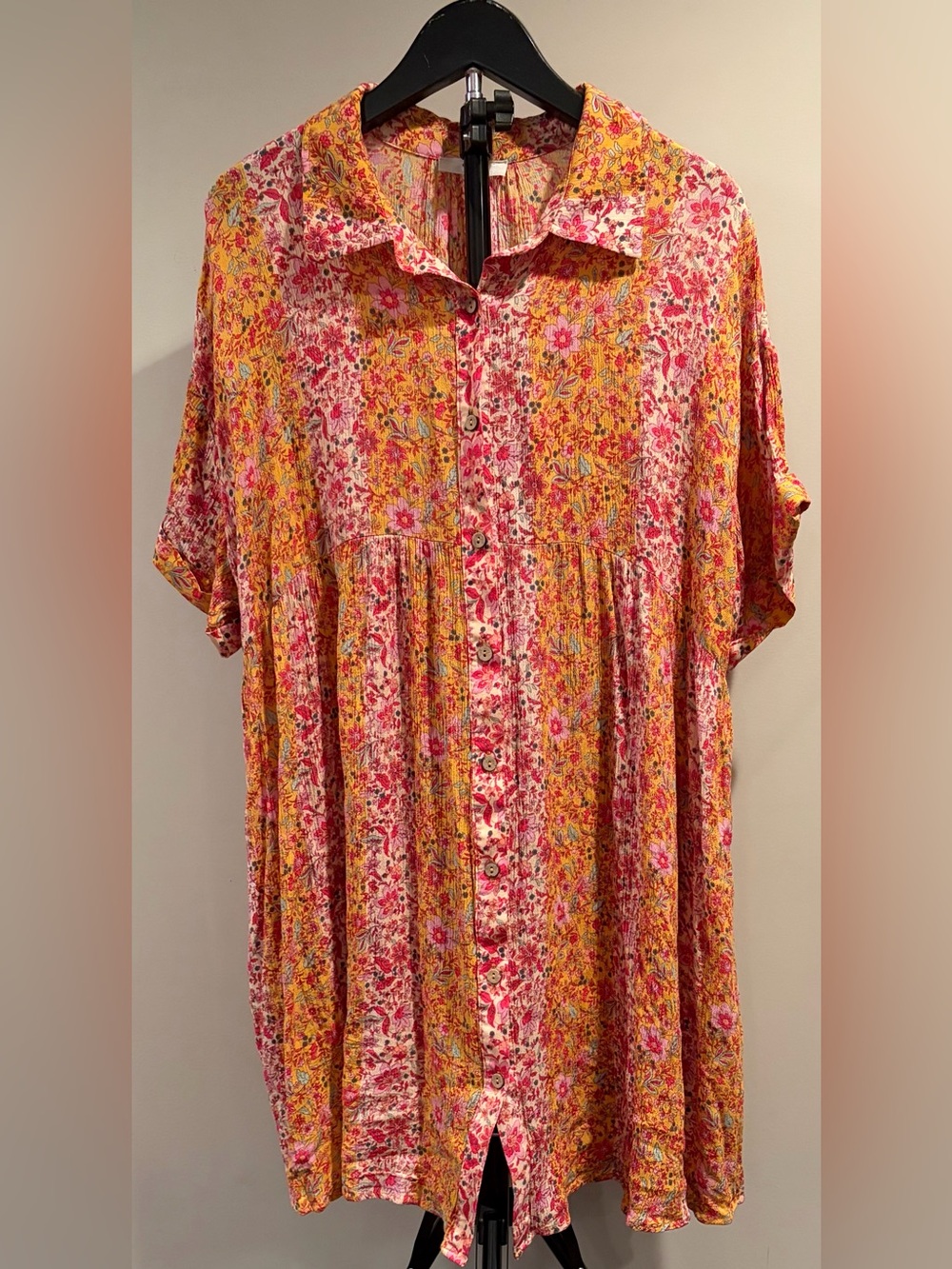 Easel button front floral patchwork dress w/2 pockets sz Large EUC